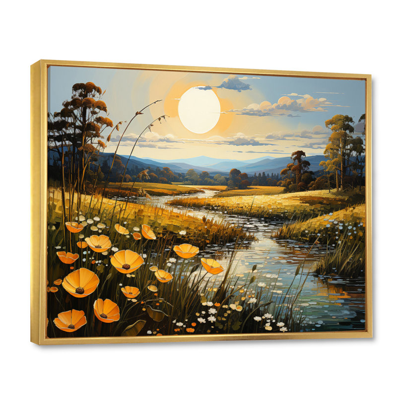 «Bernese Yellow Buttercups Golden Glow Patchwork» sur toile, 34" H x 44" W, Cadre flottant doré