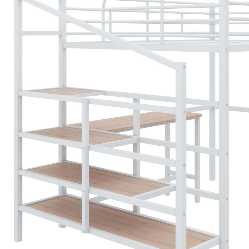 Full Size Metal Loft Bed With Desk And Lateral Storage Ladder, White