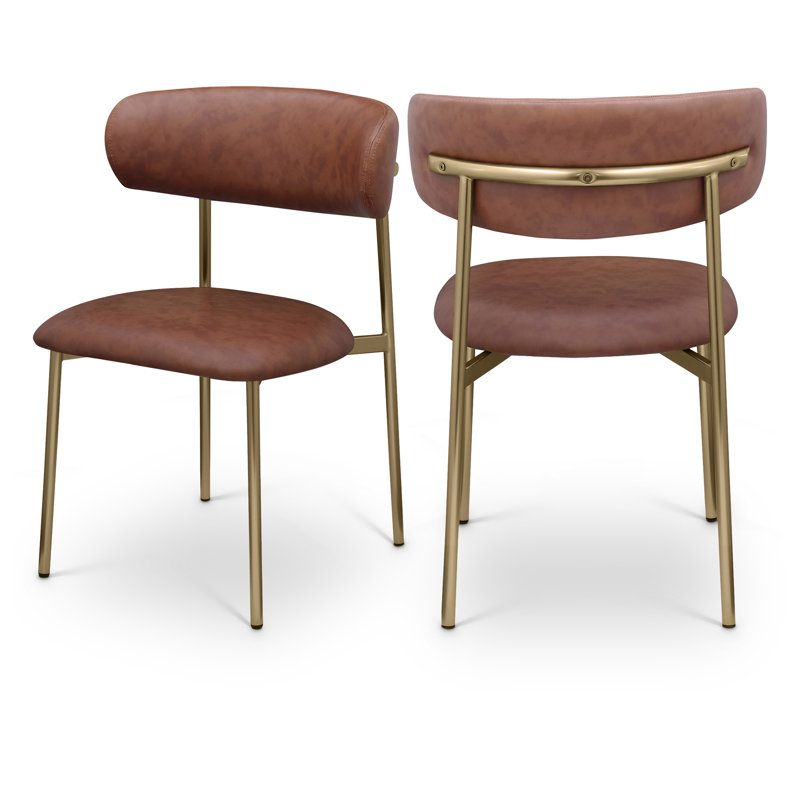 Chaise de salle à manger rembourrée Lupita, Or brossé, Cuir brun végétalien