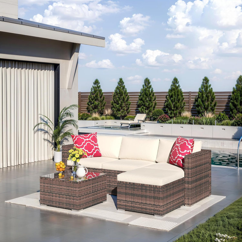 Outdoor Patio Furniture Set, 5 Pieces All-Weather Wicker Sectional Conversation Sofa with Glass Coffee Table and Detachable Soft Cushions, Small Outdoor Sofa Set for Balcony, Poolside, Yard