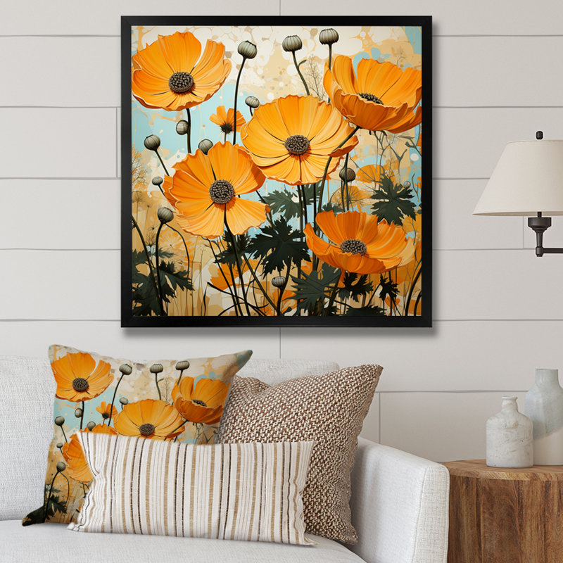 Jaune fleur de souci jaune - art mural souci, H 30 po x l 30 po x P 1,5 po, Cadre simple noir