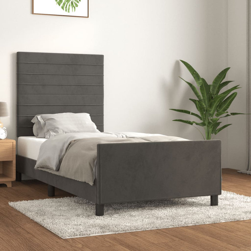 Gadiaga Bed Frame with Headboard, Twin, Velvet, Dark Gray/Black