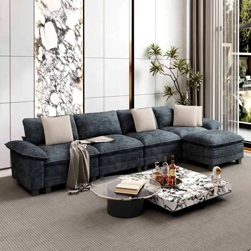 158"Modular Sectional Sofa with Ottoman, Oversized L-Shaped Deep Seat Couch with Wide Removable Armrests, Navy Chenille