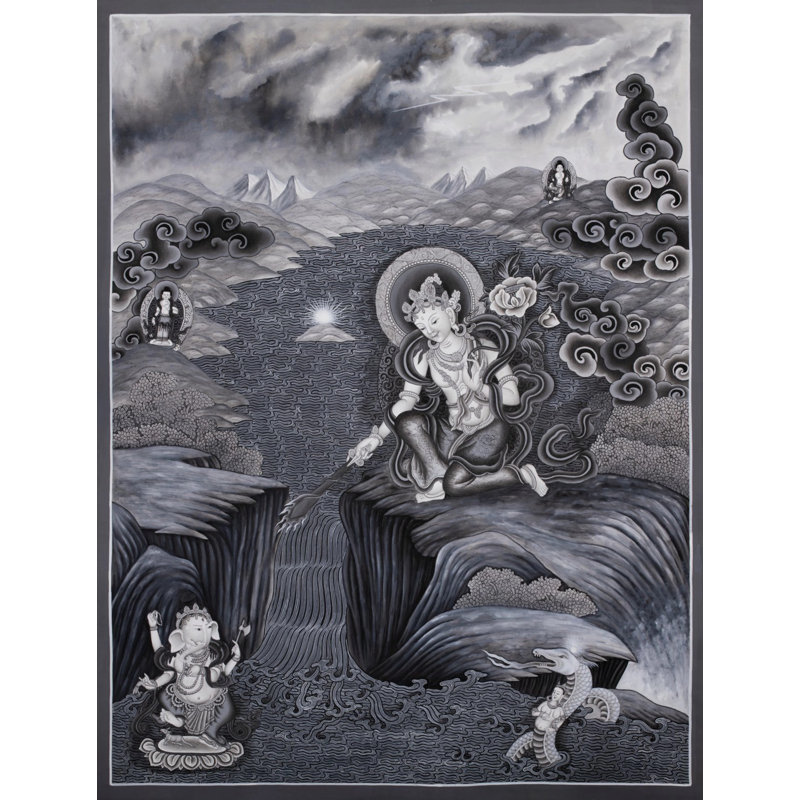 Bodhisattva Manjushri créant la vallée de Katmandou avec la lumière autodidacte Swayambhu (Brocadeless Thangka)