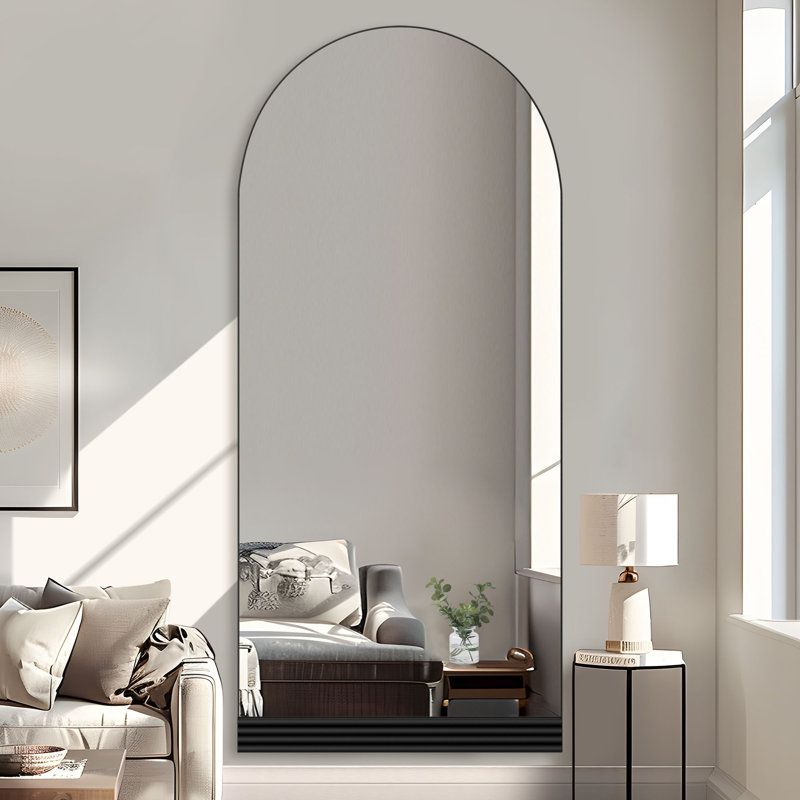 71H"×31"W Arch Full Length Mirror Wall Mirror with Stripe Wood Frame, Black