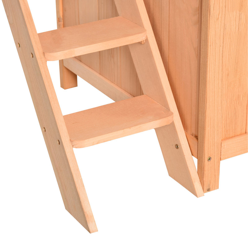 Maison pour chat à 2 niveaux en bois, abri pour chien avec porte grillagée et balcon verrouillable, bois naturel