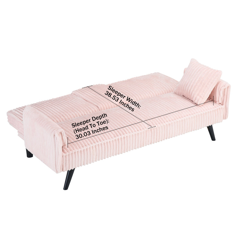 Corduroy Convertible Sleeper Sofa Couch Futon Sofa Bed with 2 Pillows and Cup Holders, Pink