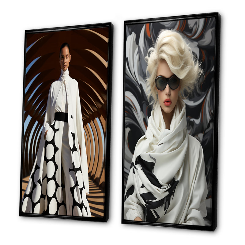 Noir et blanc, mode féminine, élégance dévoilée II - ensemble de 2 reproductions d'art sur toile, Cadre noir