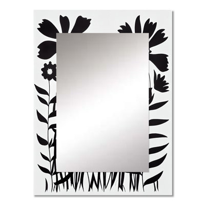 Black And White Graphic Flowers V - Floral Decorative Mirror, Traditional Wall Mirror, Printed Metal Art