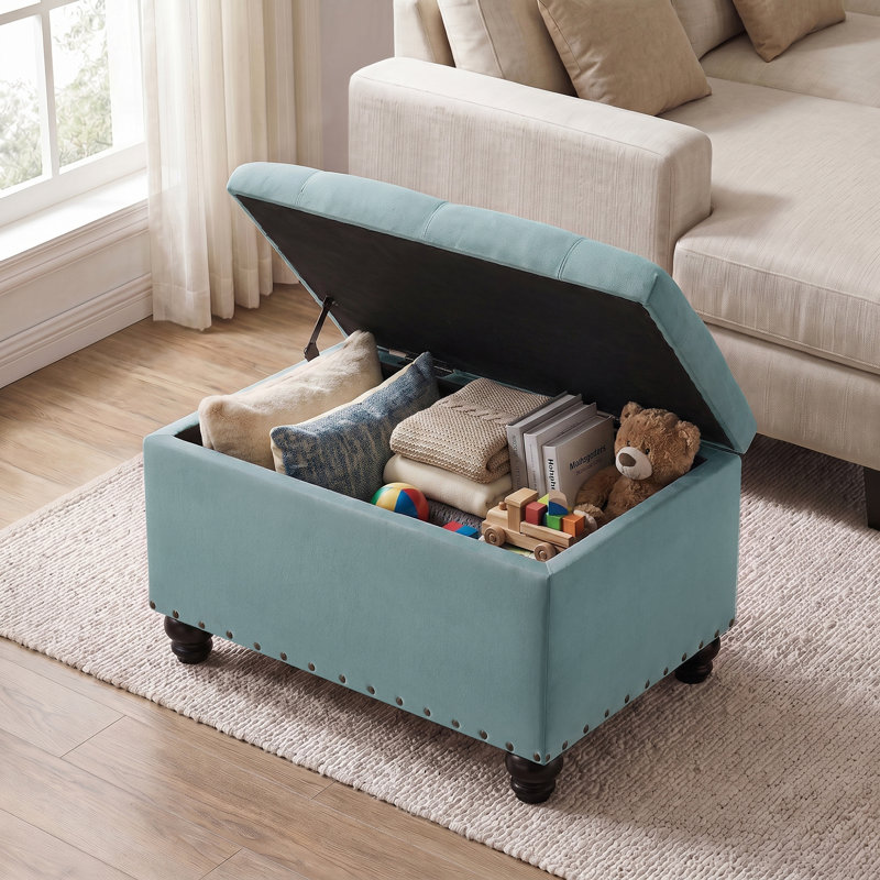 Repose-pieds rectangulaire avec rangement Dhiren, Velours bleu menthe