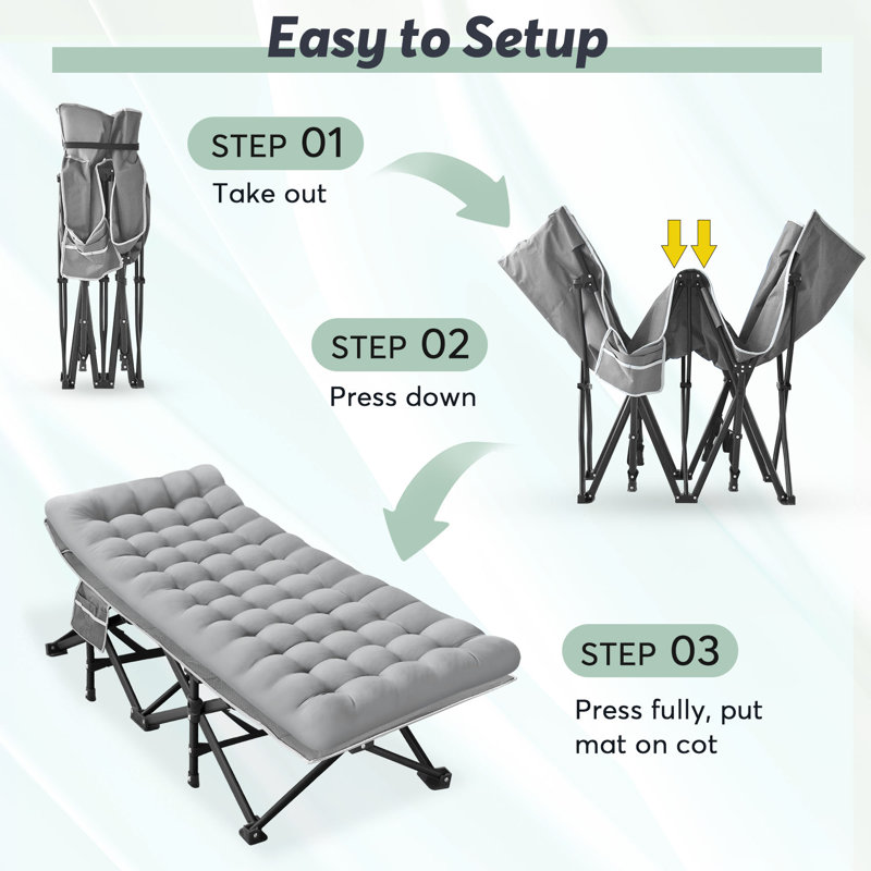 Gray XXL Folding Camping Cot with Mattress and Carry Bag