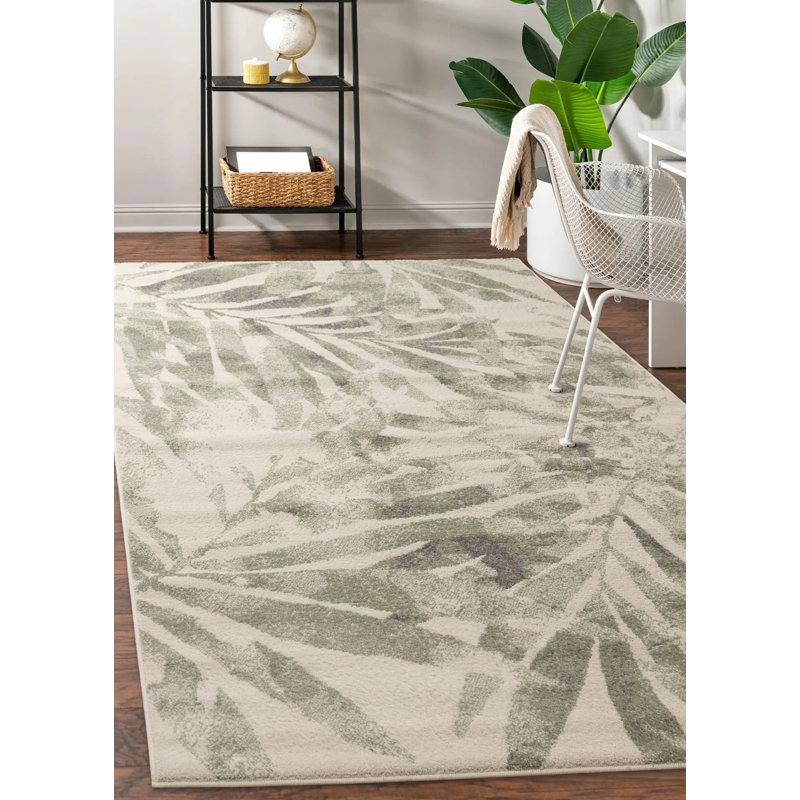 Oestreich Cream Green Floral Indoor Rug, Rectangle 5'3" x 7'7"
