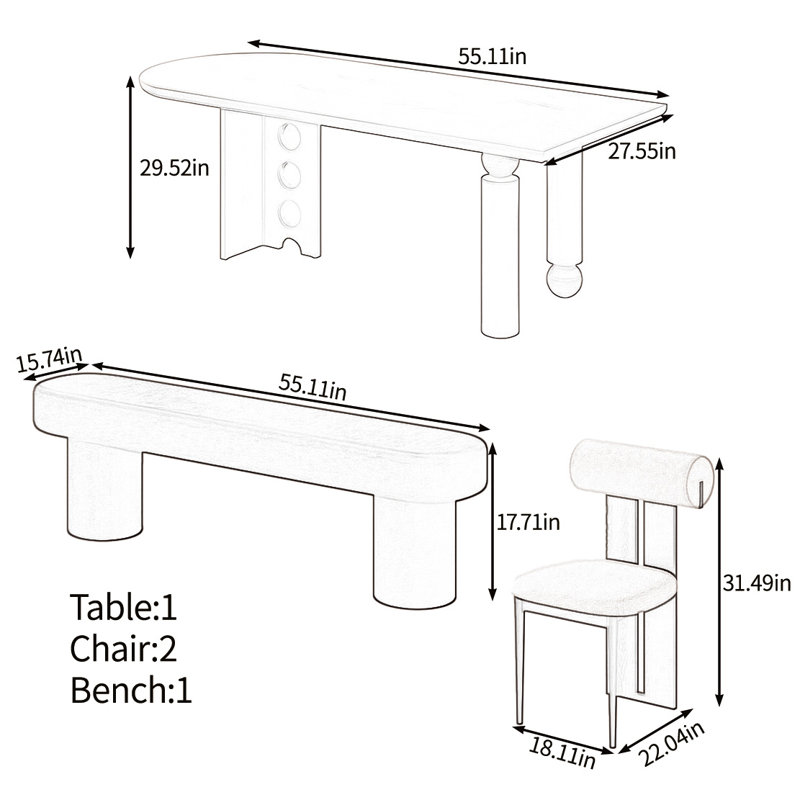 Creative solid wood table dining set, 29.52"H x 55.11"L x 27.55"W