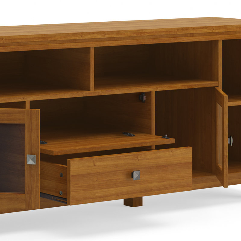 Transitional Solid Pine TV Stand in Light Golden Brown with Storage