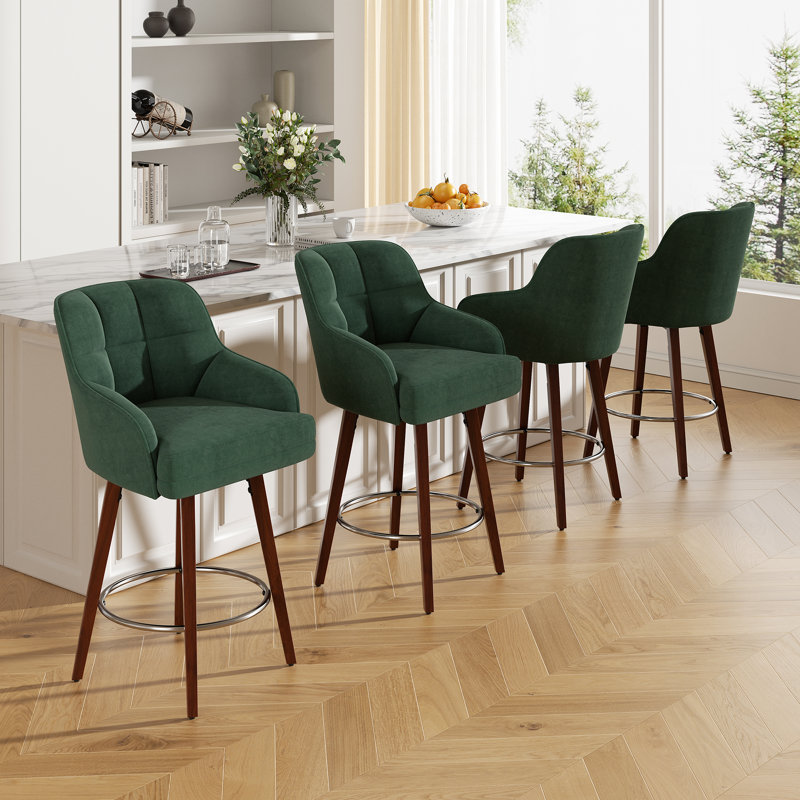Modern Swivel Bar Stool With Backrest, Armrests And Wood Legs - Counter Height Chair For Kitchen Island, Green, 6