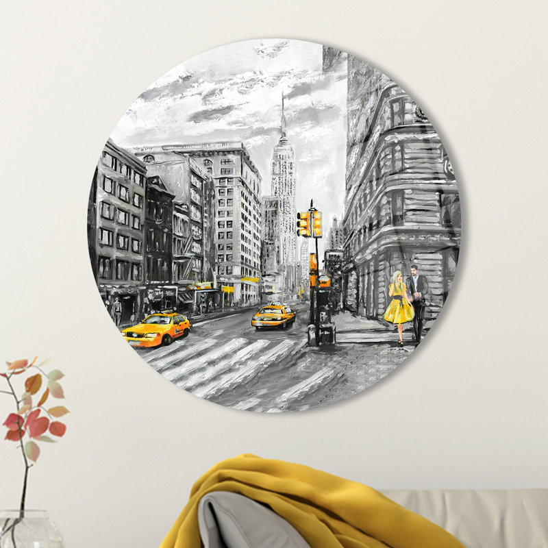 New York City Inspired Yellow and Black Tempered Glass Wall Art Ideal for Valentine Wall Decorations, 27.6" H x 27.6" W
