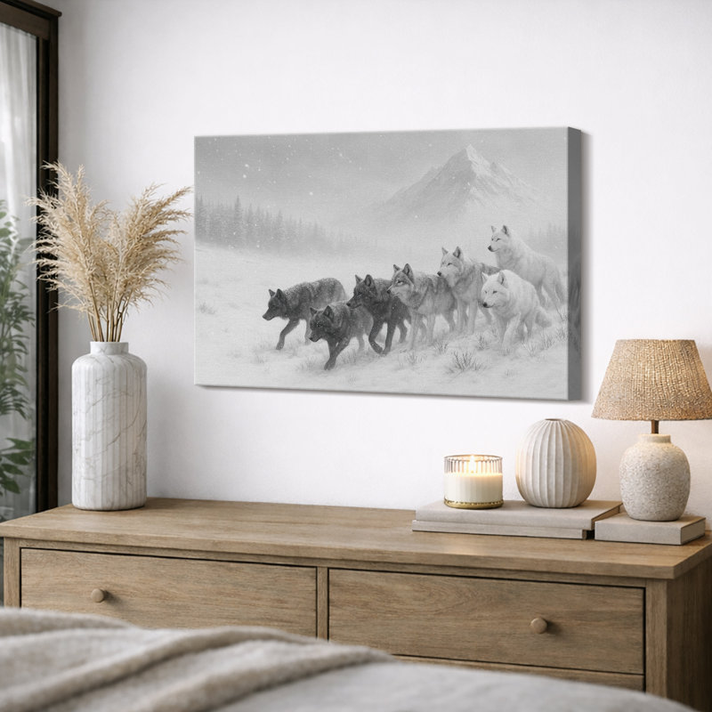 «Wolf Pack Walking Through Snowy Landscape», reproduction d'art sur toile, H 32 po x l 48 po, Toile tendue