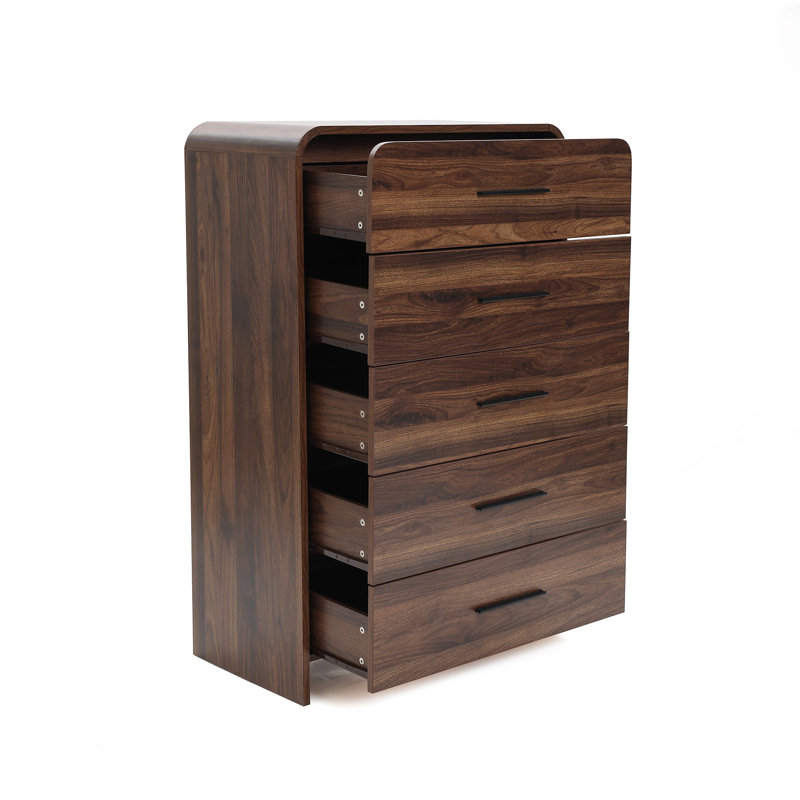 Commode 5 tiroirs 47,4 po en noyer de style moderne Mid-Century pour le rangement dans la chambre à coucher