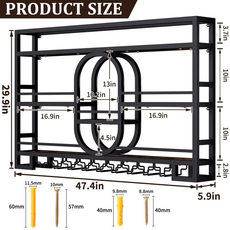 Support à vin à 3 niveaux fixé au mur avec lumière DEL, 17 Wine Bottles, 29,9 po H x 47,4 po L x 5,9 po P
