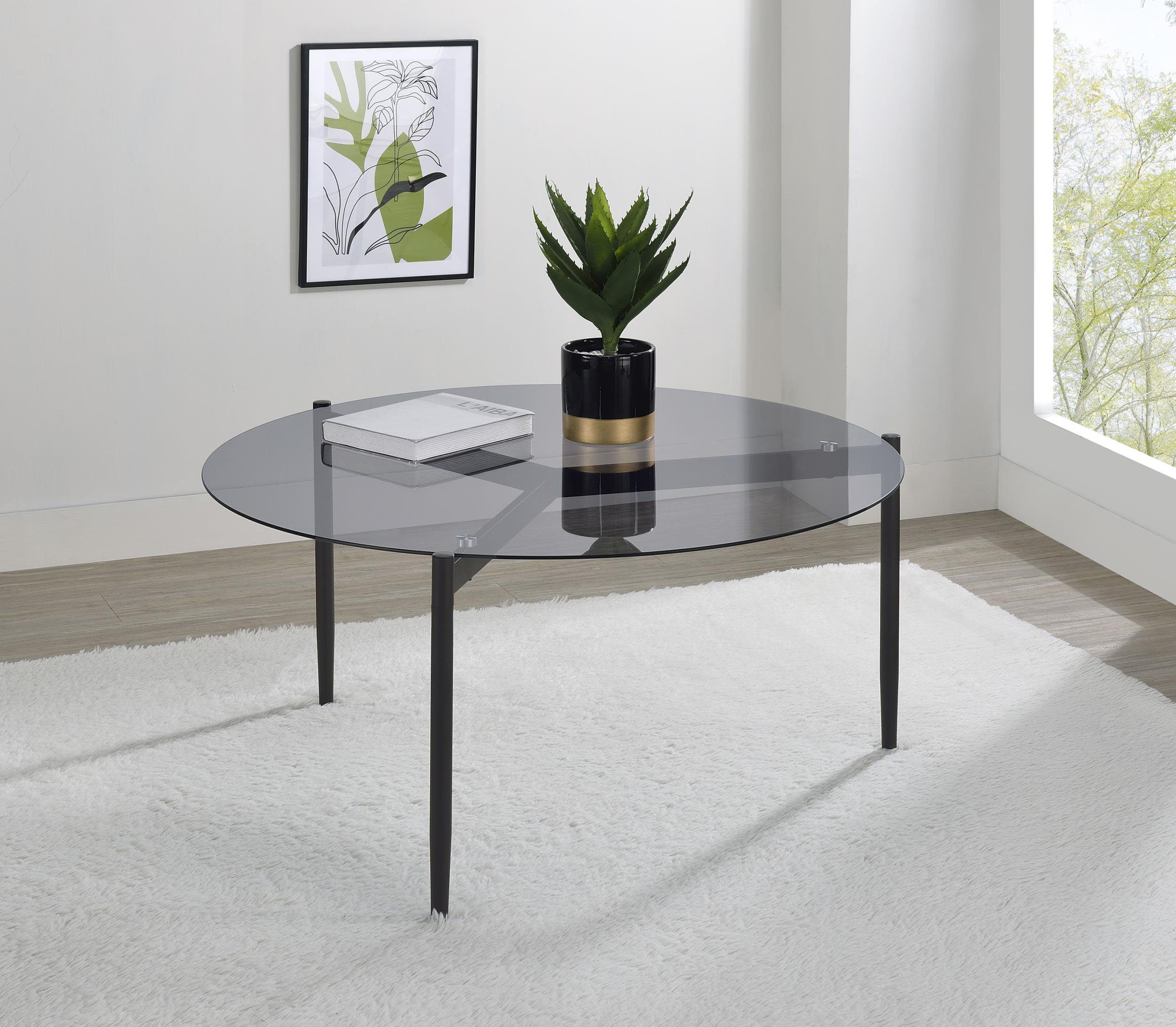 Wrought Studio Lateek Round Smoked Glass Top Coffee Table Sandy Black ...