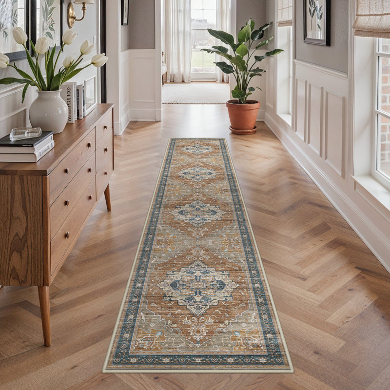 Oriental Neutral Brown / Blue Machine Washable Non-Slip Indoor Runner Rug, Runner 2' x 7'