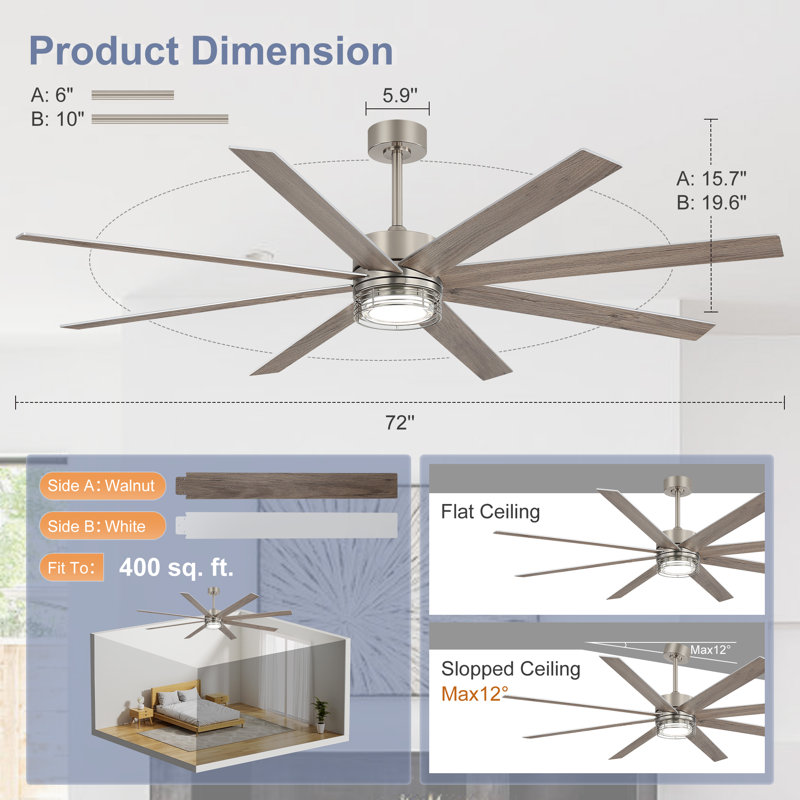 Ventilateur de plafond 52 po / 72 po avec lumière et télécommande, moteur à courant continu, lumière DEL réglable pour une utilisation intérieure couverte à l'extérieur