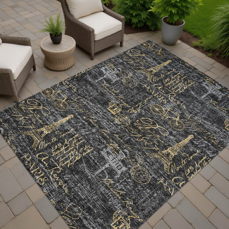Machine Washable Indoor/Outdoor Chantille ACN2639 Novelty Rug, Black, 3' x 5'