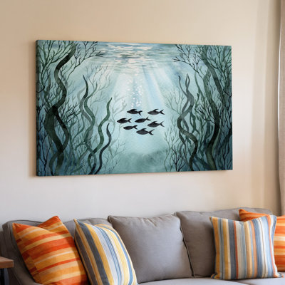 Underwater With School Of Fish And Seaweed Ocean Nature Painting Canvas Wall Art Print For Living Room, Bedroom, Office, Hallway, Entryway, Gallery Wall And Modern Home Decor