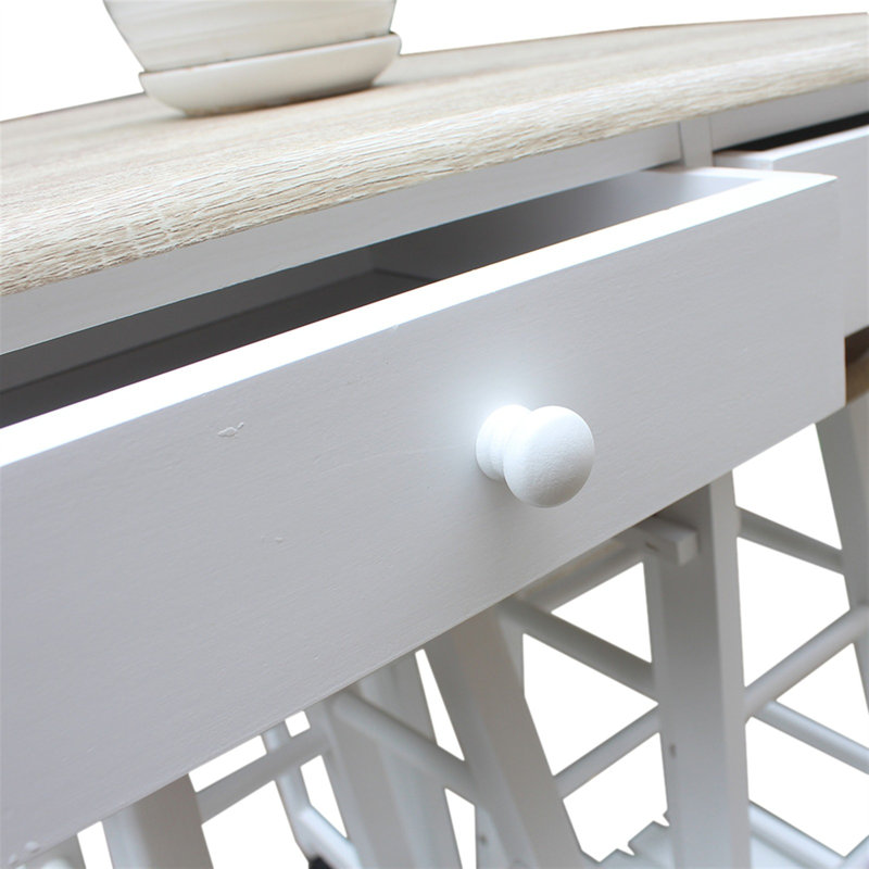 Chariot de salle à manger pliable en demi-cercle avec 2 tabourets ronds (blanc) - bois massif + surface en pvc, plateau de table extensible, 2 tiroirs, roues universelles à 360 ° et poignée en bois