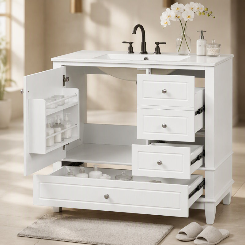 Meuble-lavabo 36 po avec lavabo en céramique, panneau de fibres à densité moyenne et base en bois massif, 3 tiroirs et armoire avec tablettes, meuble-lavabo autoportant avec trous de robinet de 4 po