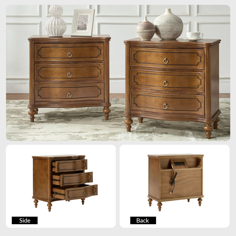Elfine 28'' W Traditional Nightstand Set of 2 with Charging