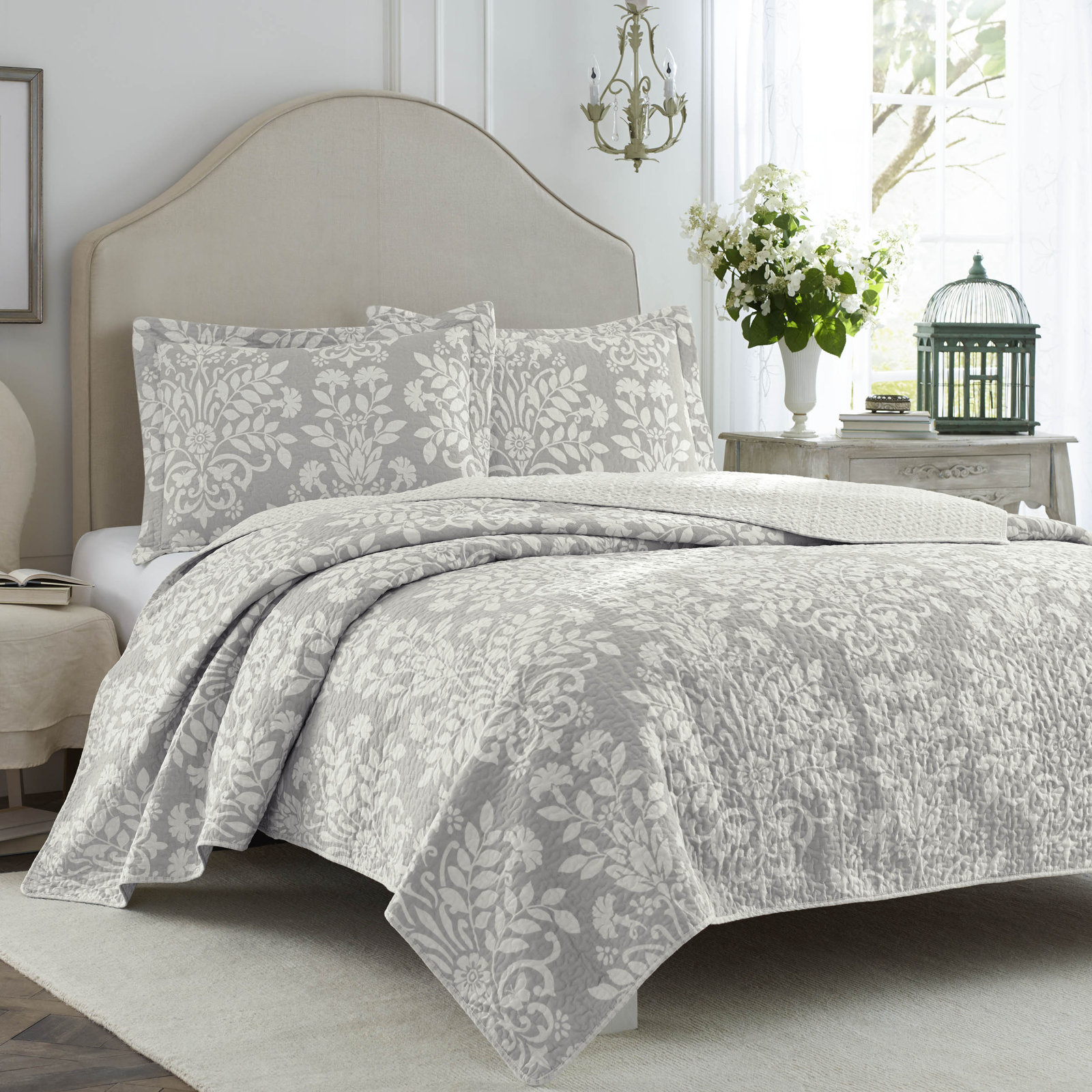 Laura Ashley Rowland Cotton Reversible Quilt Set, Twin Coverlet + 1 Standard Sham, White/Gray
