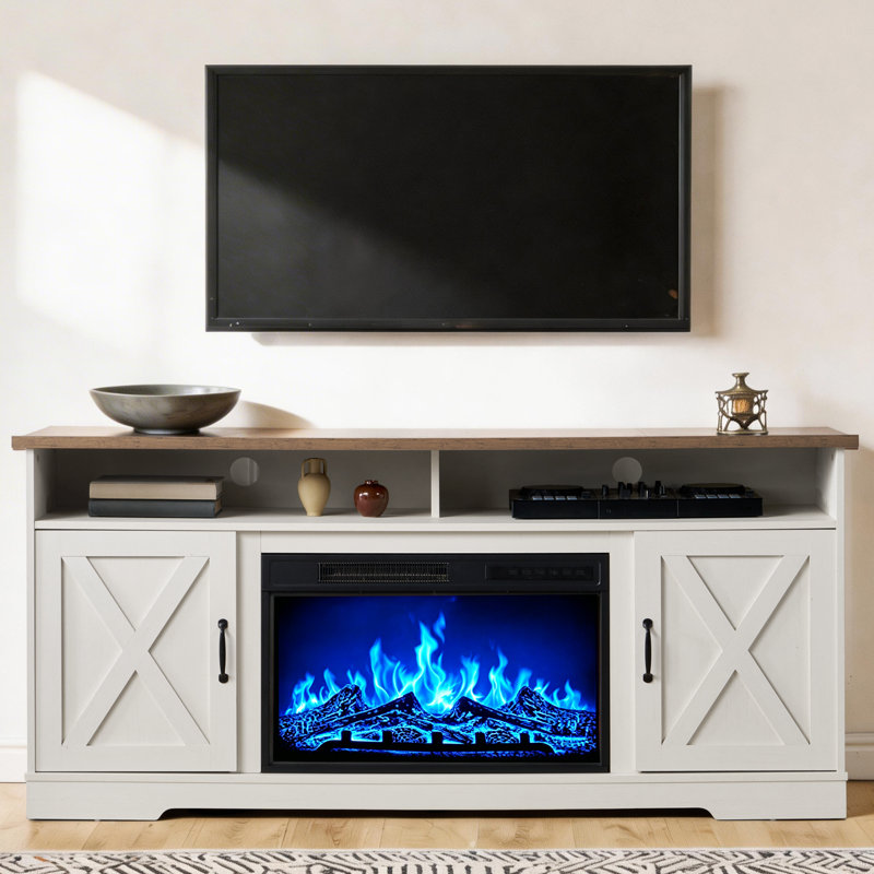 Chimira 63'' W TV Stand with Electric Fireplace Included, Rustic Oak & White , Rustic Oak & White