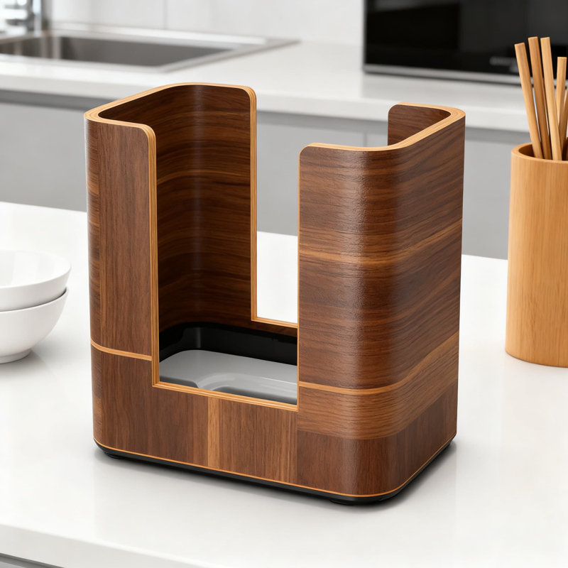 Distributeur de serviettes de table pour recharges N4, conception de comptoir compacte, finition noyer véritable, distribution une à la fois pour réduire les déchets