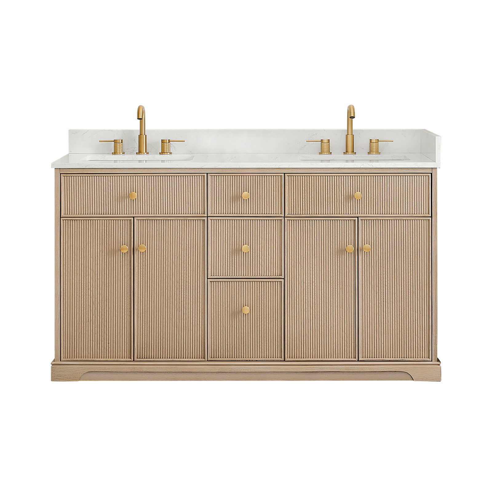 Noe Double Bathroom Vanity in Natural Oak with Grain White Engineered Stone Countertop No Mirror, 60"