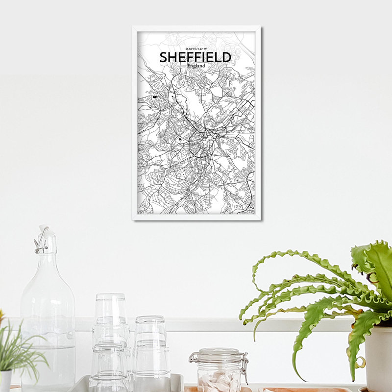 Sheffield City Map, impression à l'encre, Noir et blanc, H 17 po x l 11 po