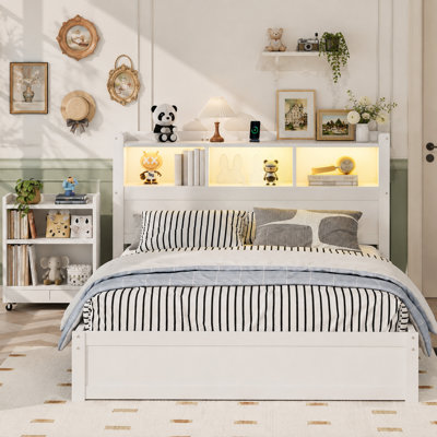Lit avec rangement et tête de lit à DEL, lit plateforme en bois avec tiroirs, armoire de rangement coulissante et tablette intégrée, blanc
