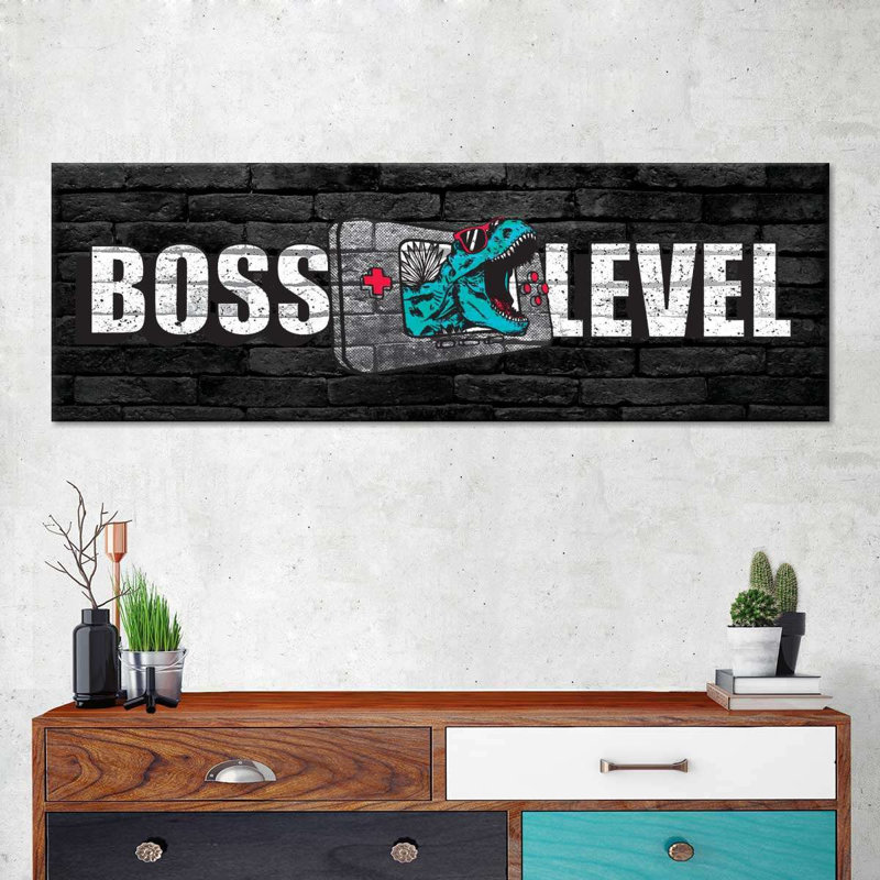 "T-Rex Boss", art textuel sur toile, H 10 po x l 30 po x P 1,25 po