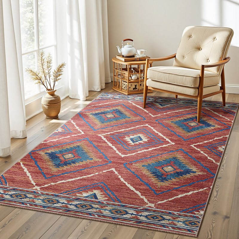Machine Washable Non Slip Western Area Rugs for Living Room Bedroom Dining Room, Rectangle 3' x 5', Red/Orange