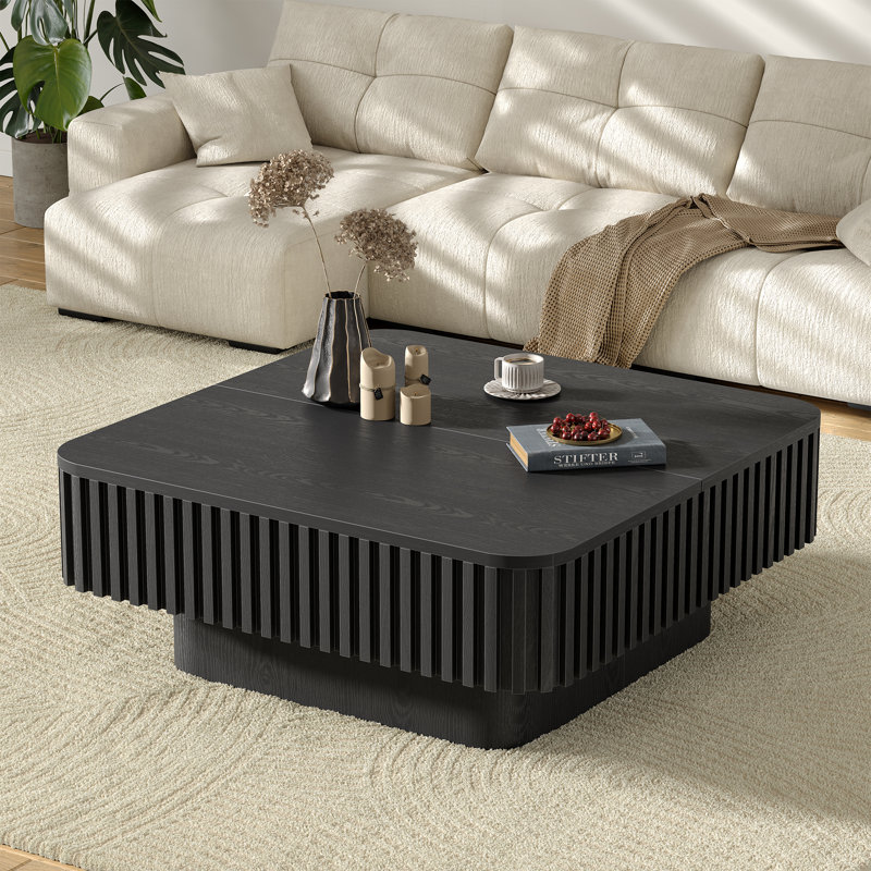 Table basse carrée moderne de 90 cm avec plateau relevable, rangement dissimulé, design cannelé et pied central., Noir
