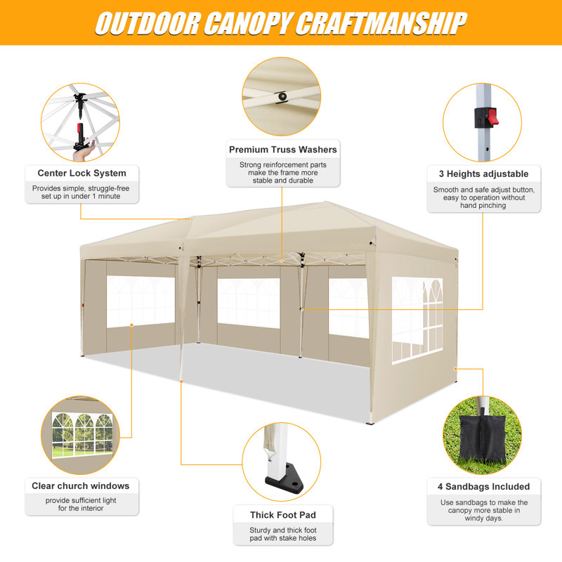 10x20 Pop Up Canopy with Sidewalls, Khaki