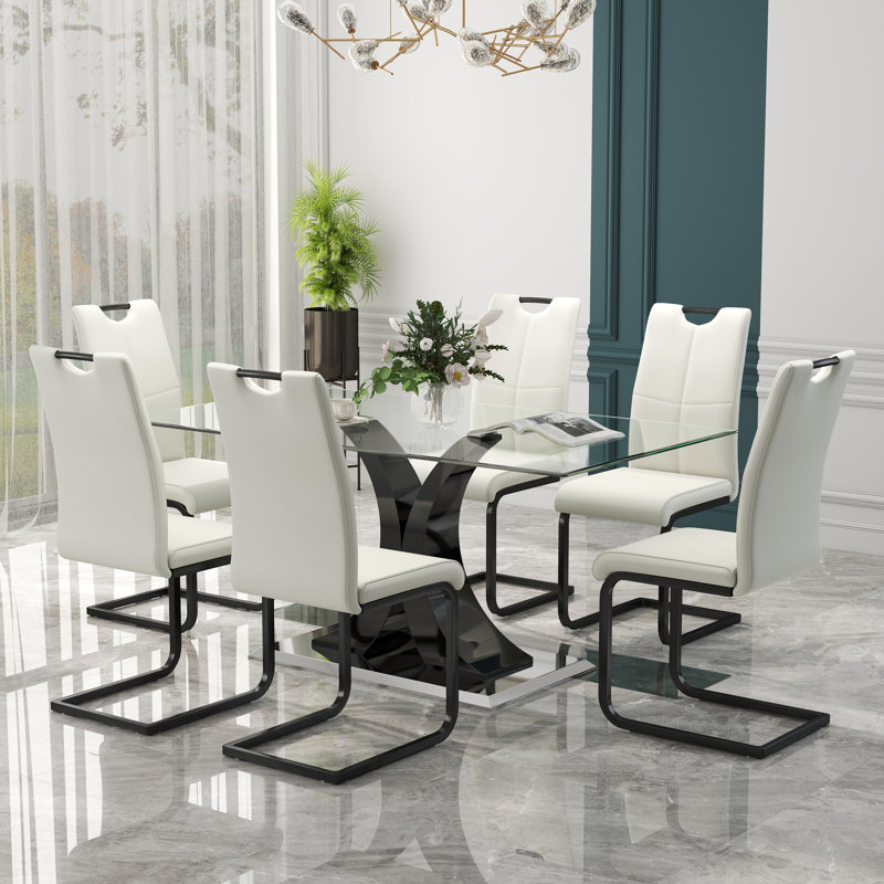Ensemble de salle à manger moderne à piédestal rectangulaire en verre trempé avec chaise en similicuir, Blanc/Noir, 7, Noir