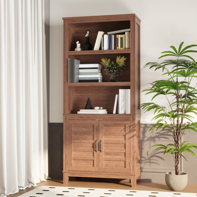 71" Farmhouse Bookcase with Doors, 5-Tier Rustic Wooden Bookshelf with Cabinet & Adjustable Shelf