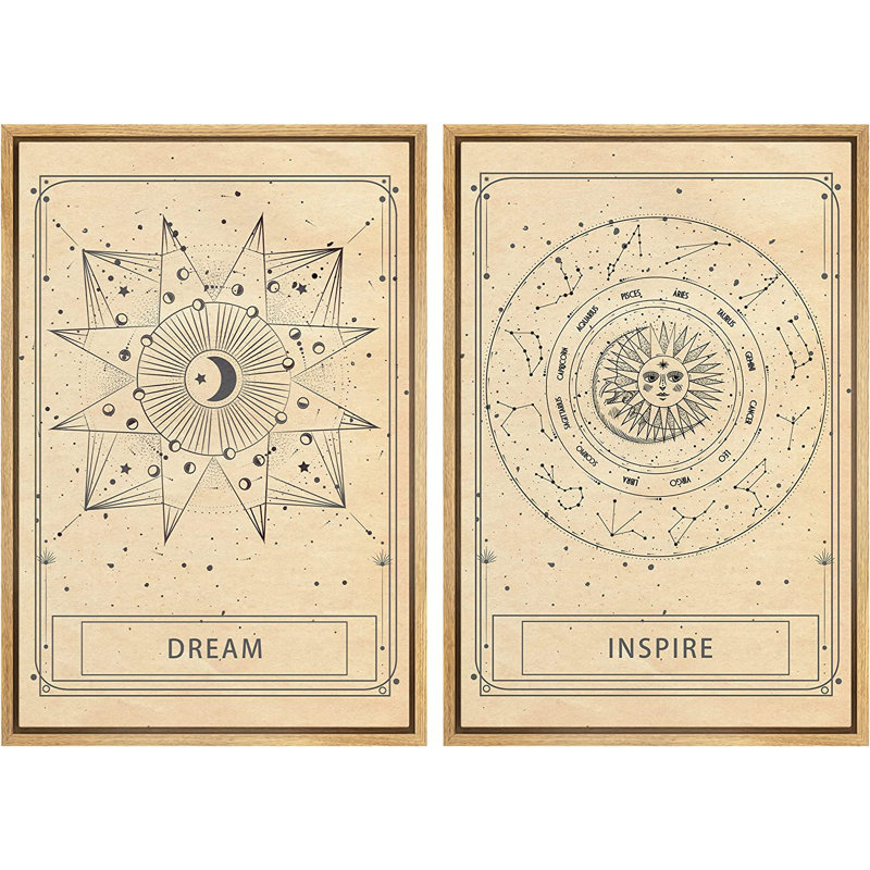 " SIGNLEADER Framed Canvas Print Wall Art Set Sepia Solar System Constellation Chart Astronomy & Space Sky Illustrations Modern Art Boho Nordic For Living Room, Bedroom, Office " 2 - Pieces