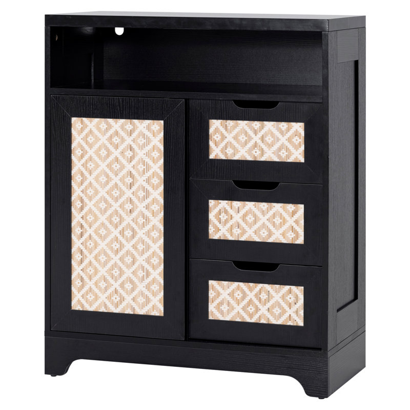 Alcott Hill 3-Drawer Accent Storage Cabinet With Rattan Door And Adjustable Shelf, Black