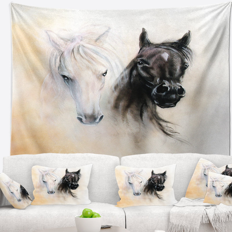 Tête de cheval noir et blanc Animal, H 32 po x l 39 po