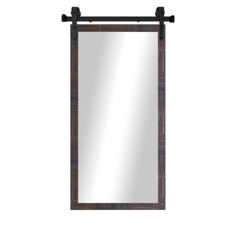 Miroir rustique moderne avec rail de porte de grange en acier, 66 x 33, Laiton acier