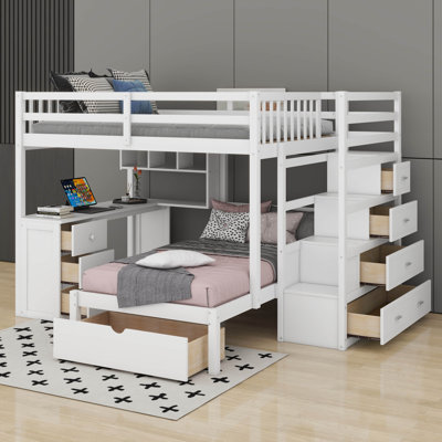 Lit superposé double au-dessus de simple avec tiroirs, bureau et tablettes