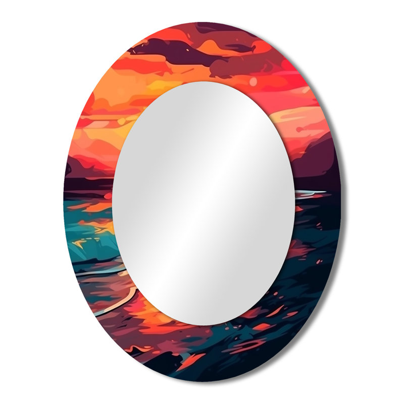Sunset On The Beach Expressive Retro Colors I - Coastal Oval Decorative Mirror On Metal, 43" x 33"