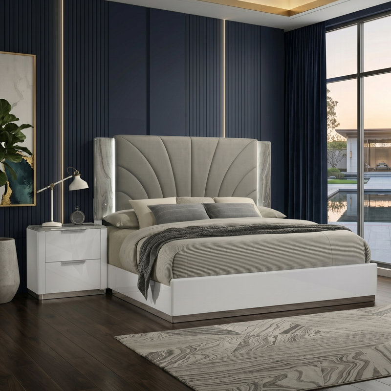 Collection de chambre à coucher grand luxe Monaco avec finition blanche ultrabrillante, accents de marbre gris et éclairage à DEL intégré
